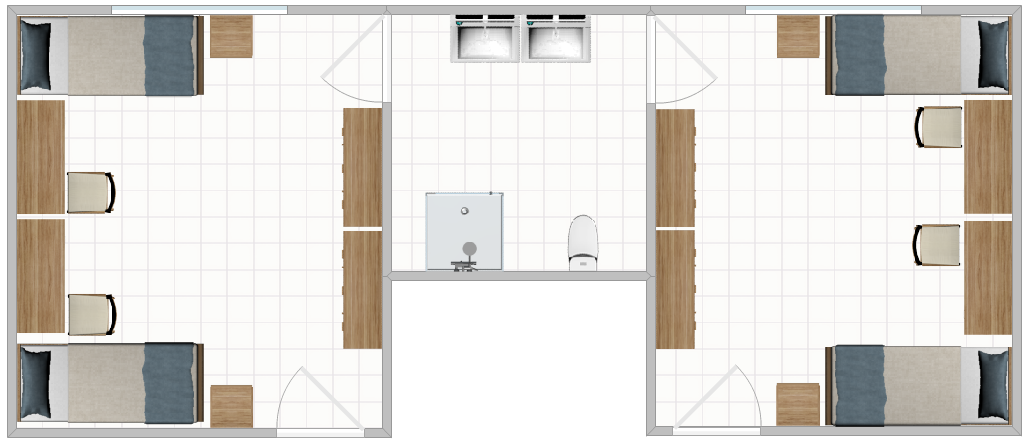 Freeman Hall Double Layout with two adjoining rooms sharing a bathroom.