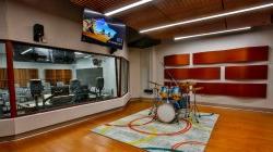 drumset set up in recording studio