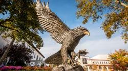 The hawk statue outside of College Hall during a clear, sunny day.