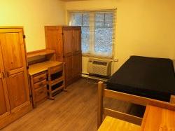 霍克克罗斯公寓里的一间卧室，配有空调、书桌、床和壁橱.