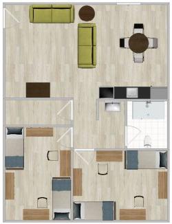 霍克十字区公寓，有三间卧室，一间浴室和一个共享的起居空间.